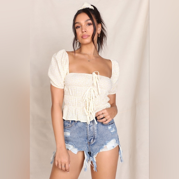 Fashion Nova Tops - FLORAL PUFF SLEEVE TOP SET- YELLOW/COMBO  S